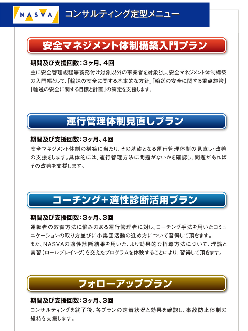 コンサルティング定型メニュー　①安全マネジメント体制構築入門プラン、②運行管理体制構築見直しプラン、③コーチング+適性診断活用プラン、④フォローアッププラン