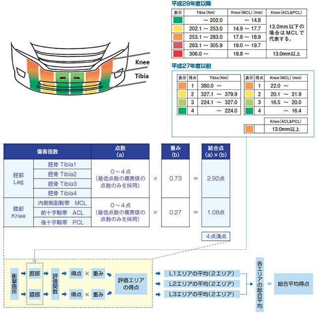 歩行者脚部保護性能試験の評価関数及び得点算出方法図